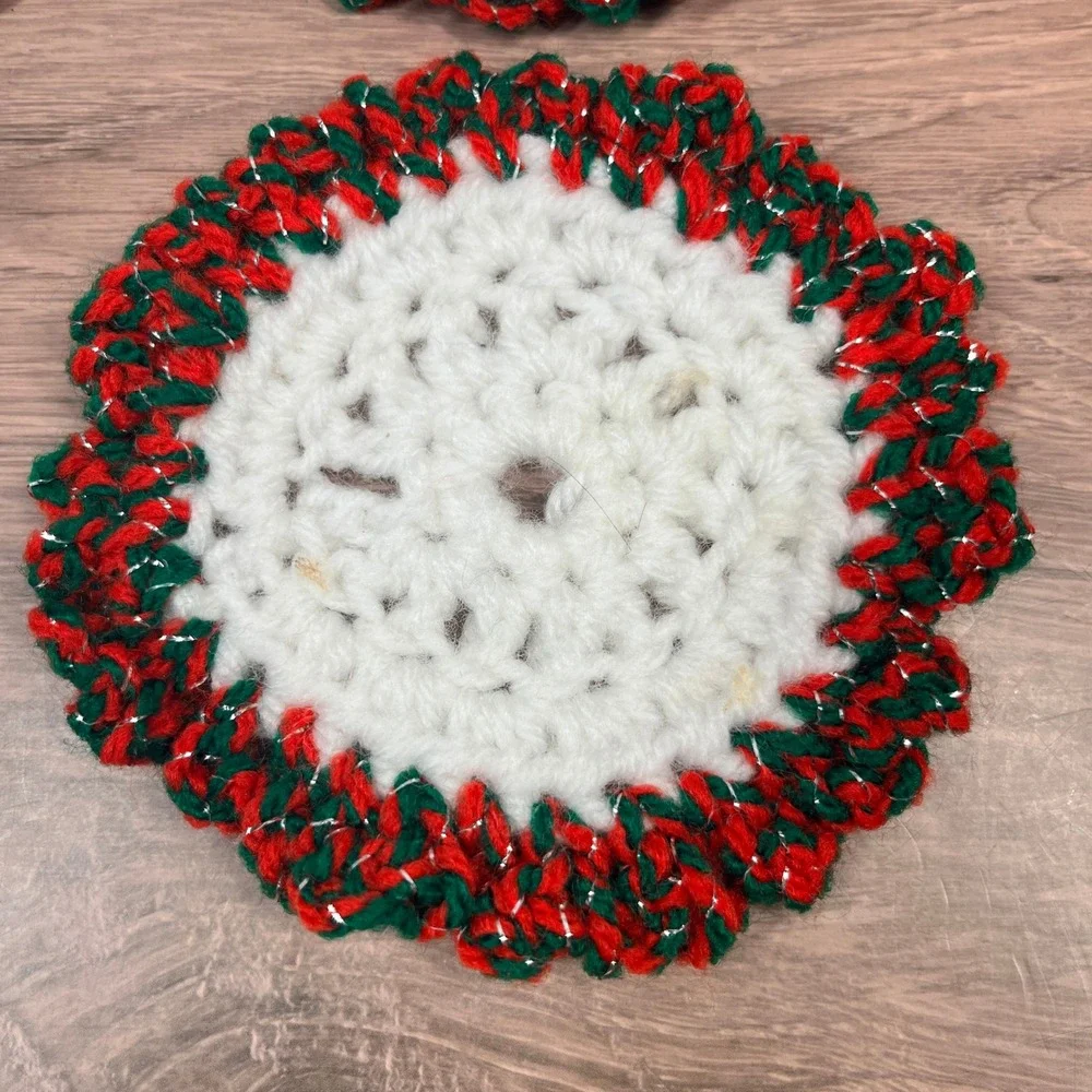 Handmade Crochet Knit Coasters‎ Red Green White Christmas Holidays Set of 7